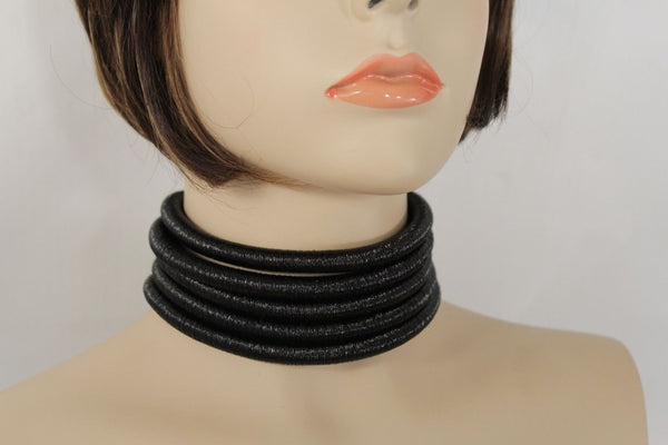 Black Short Fabric Wide 5 Strands Sexy Choker Necklace Earring Set New Women Fashion Accessories