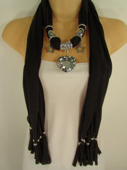 Pink Bowen Soft Fabric Scarf Necklace Silver Big Heart Crystal Stars Pendant New Women Fashion - alwaystyle4you - 3