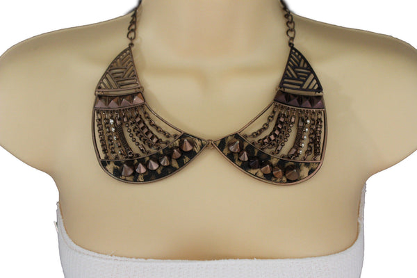 Bronze / Gold Short Bib Metal Chains Collar Spikes Necklace + Earrings Set New Women Fashion Jewelry - alwaystyle4you - 12