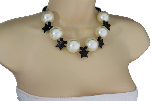 Black / Silver / Gold / Red / White Metal Stars Ball Beads Short Ivory Necklace + Earring Set New Women Fashion Jewelry - alwaystyle4you - 15