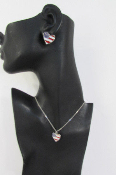 USA American Flag Star/Square/Heart Silver Metal Necklace + Matching Earring Set New Women - alwaystyle4you - 17