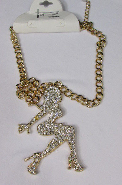 Gold Metal Chains Fashion Necklace Big Silver Rhinestone Sexy woman Shape Pendant New Men Fashion - alwaystyle4you - 12