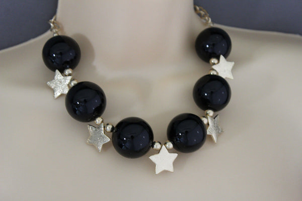 Black / Silver / Gold / Red / White Metal Stars Ball Beads Short Ivory Necklace + Earring Set New Women Fashion Jewelry - alwaystyle4you - 26