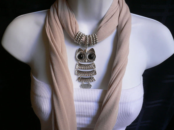 New Women Long Beige / Pnk Soft Scarf Fashion Necklace Silver Owl Pendant Rhinestones - alwaystyle4you - 19