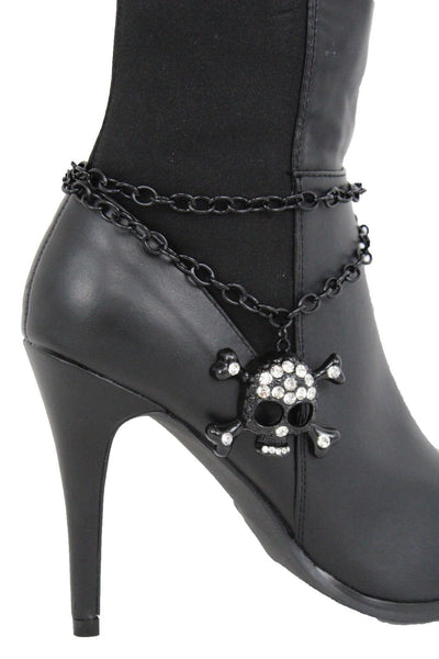 Women Black Boot Chain Bracelet Strap Skeleton Skull Shoe Charm Bling Western Style