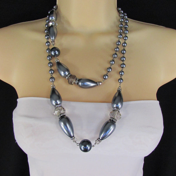 Long Imitations Pearls Necklace Small Gray Beads Beige Silver Color + Earrings Set New Women Fashion - alwaystyle4you - 12