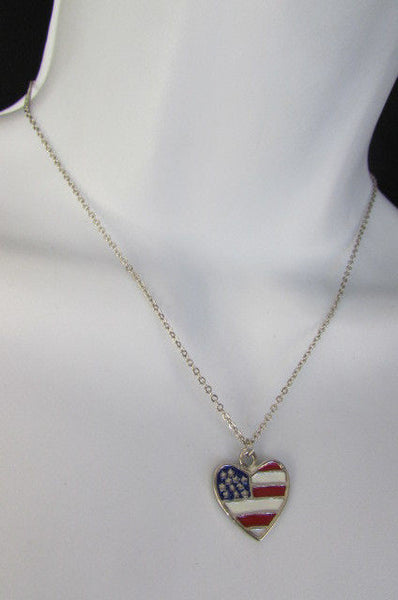 USA American Flag Star/Square/Heart Silver Metal Necklace + Matching Earring Set New Women - alwaystyle4you - 18
