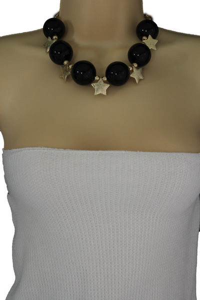 Black / Silver / Gold / Red / White Metal Stars Ball Beads Short Ivory Necklace + Earring Set New Women Fashion Jewelry - alwaystyle4you - 27
