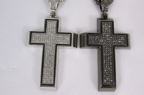 Pewter / Silver Metal Chains Long Necklace Boarded Cross Pendant New Men Hip Hop Fashion - alwaystyle4you - 17