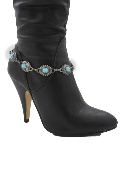 Silver Turquoise Blue Anklet Shoe Charm Boot Metal Chains Bracelet New Women Western Fashion - alwaystyle4you - 12