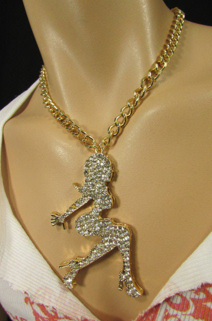 Gold Metal Chains Fashion Necklace Big Silver Rhinestone Sexy woman Shape Pendant Men Fashion - alwaystyle4you - 1