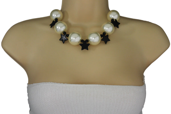 Black / Silver / Gold / Red / White Metal Stars Ball Beads Short Ivory Necklace + Earring Set New Women Fashion Jewelry - alwaystyle4you - 16