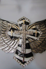 Big Bow Zebra Angel Wings Pendant Black Cross Stripes Rhinestones New Women - alwaystyle4you - 2