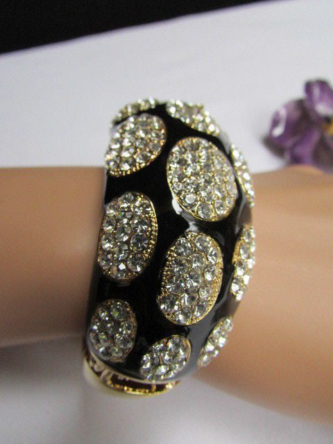 Gold Metal Wide Bracelet Black Animal Print Silver Rhinestone Women Fashion Jewelry Accessories - alwaystyle4you - 1