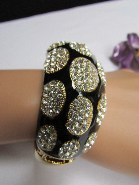 Gold Metal Wide Bracelet Black Animal Print Silver Rhinestone New Women Fashion Jewelry Accessories