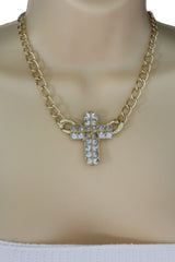 Short Gold / Silver Metal Chains Cross Pendant Necklace + Earring Set Women Fashion Jewelry - alwaystyle4you - 1