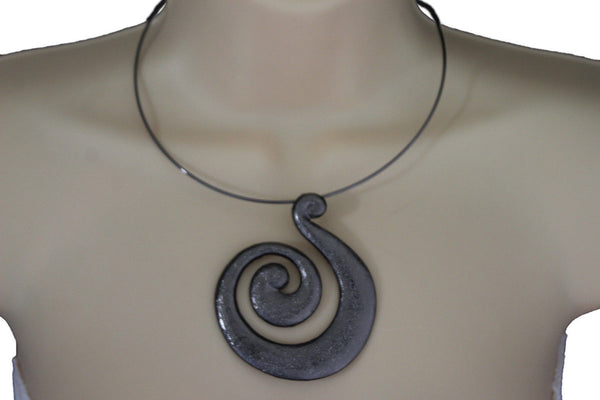 Silver / Pewter Black Choker Thin Metal Snail Spin Swirl Charm Necklace + Earrings Set New Women Fashion Jewelry - alwaystyle4you - 13