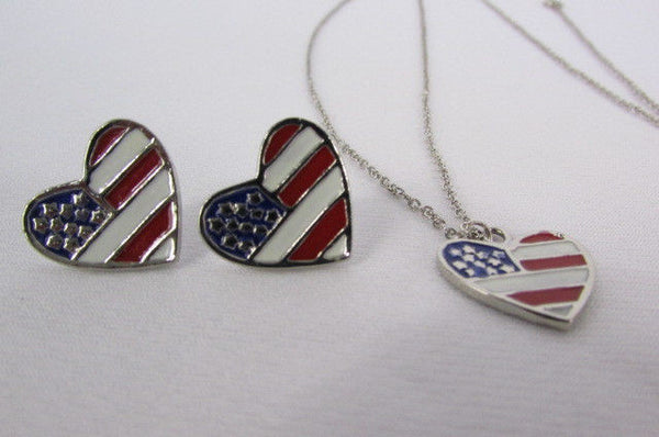 USA American Flag Star/Square/Heart Silver Metal Necklace + Matching Earring Set New Women - alwaystyle4you - 19
