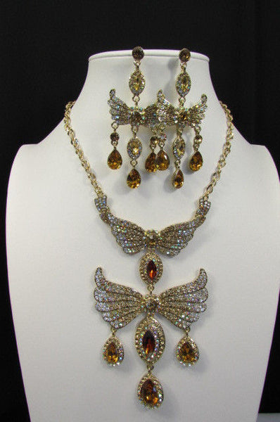 Metal Flying Wings Gold Silver Rhinestones Necklace + Earrings set New Women Fashion - alwaystyle4you - 18