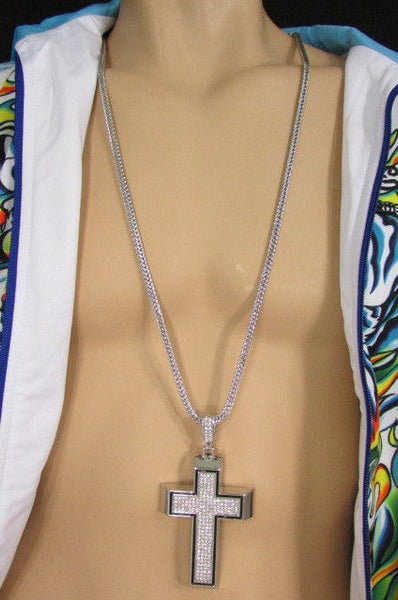 Pewter / Silver Metal Chains Long Necklace Boarded Cross Pendant New Men Hip Hop Fashion - alwaystyle4you - 18