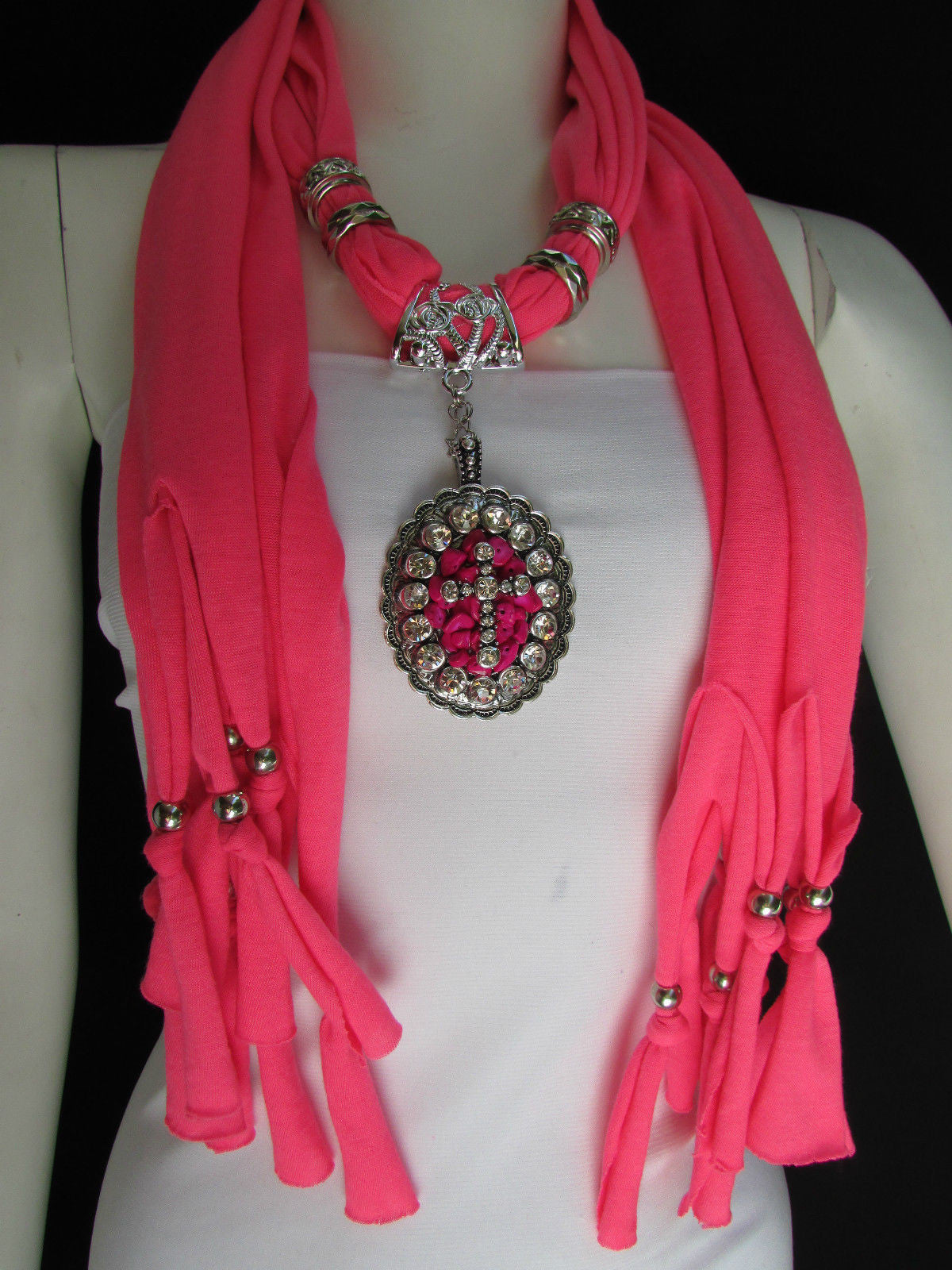 Blue Pink Beads Fabric Scarf Long Necklace Rhinestones Cross Pendant Women Fashion - alwaystyle4you - 13