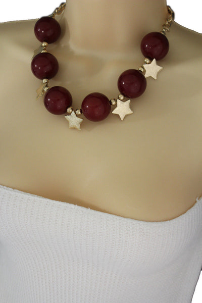 Black / Silver / Gold / Red / White Metal Stars Ball Beads Short Ivory Necklace + Earring Set New Women Fashion Jewelry - alwaystyle4you - 41