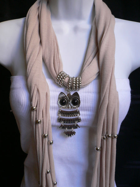 New Women Long Beige / Pnk Soft Scarf Fashion Necklace Silver Owl Pendant Rhinestones - alwaystyle4you - 22