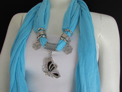 Light Pink Baby Blue Fabric Scarf Necklace Silver Flying Butterfly Pendant Women unique Fashion - alwaystyle4you - 14