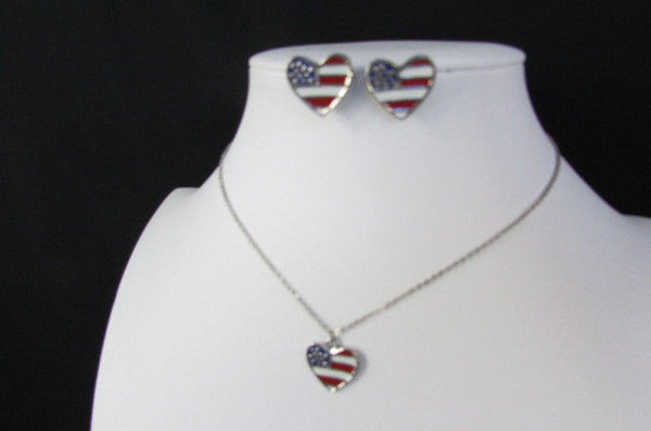 USA American Flag Star/Square/Heart Silver Metal Necklace + Matching Earring Set New Women - alwaystyle4you - 21