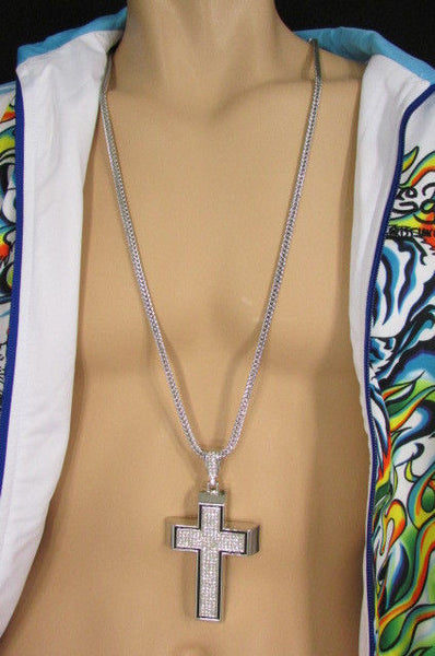 Pewter / Silver Metal Chains Long Necklace Boarded Cross Pendant New Men Hip Hop Fashion - alwaystyle4you - 20