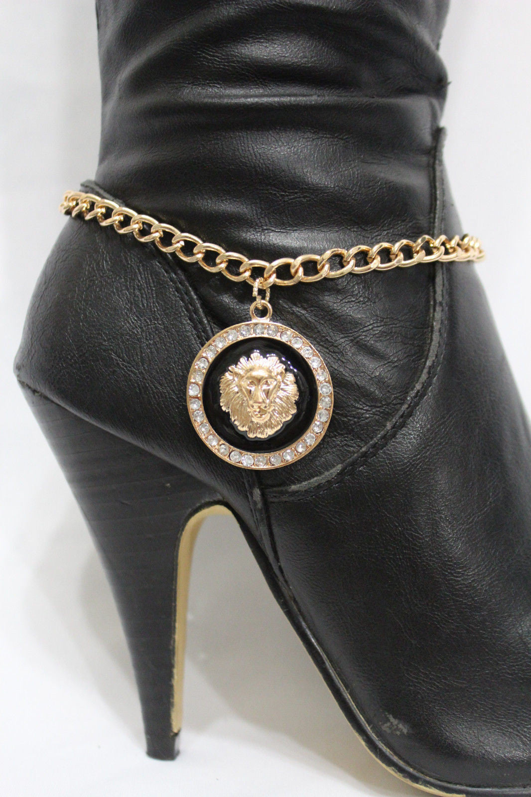 Gold / Sikver Metal Boot Chains Bracelet  Black Big Lion Head Round Coin Anklet Shoe Charm Women Western Fashion accessories - alwaystyle4you - 1