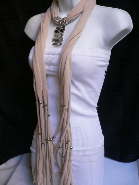 New Women Long Beige / Pnk Soft Scarf Fashion Necklace Silver Owl Pendant Rhinestones - alwaystyle4you - 24