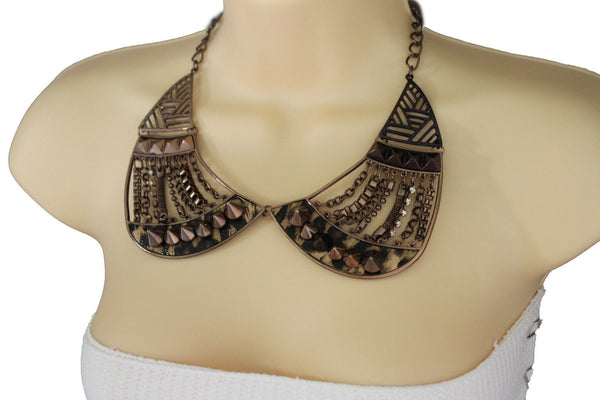 Bronze / Gold Short Bib Metal Chains Collar Spikes Necklace + Earrings Set New Women Fashion Jewelry - alwaystyle4you - 17