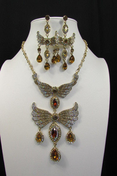 Metal Flying Wings Gold Silver Rhinestones Necklace + Earrings set New Women Fashion - alwaystyle4you - 22