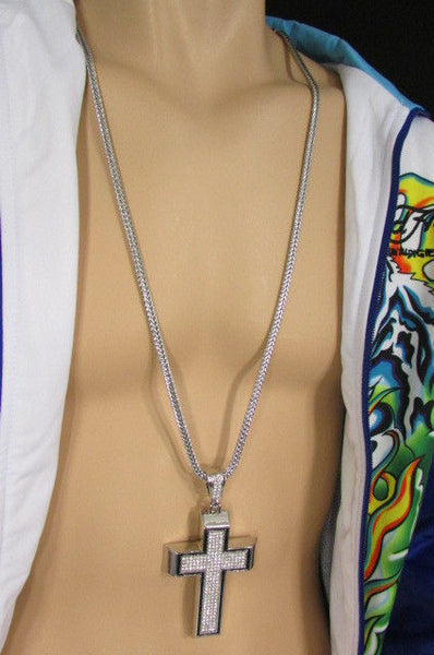 Pewter / Silver Metal Chains Long Necklace Boarded Cross Pendant New Men Hip Hop Fashion - alwaystyle4you - 22