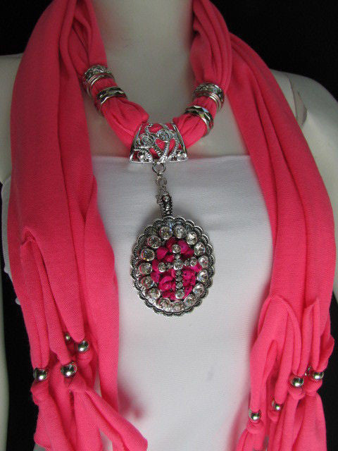 Pink Blue Beads Fabric Scarf Long Necklace Rhinestones Cross Pendant Pink