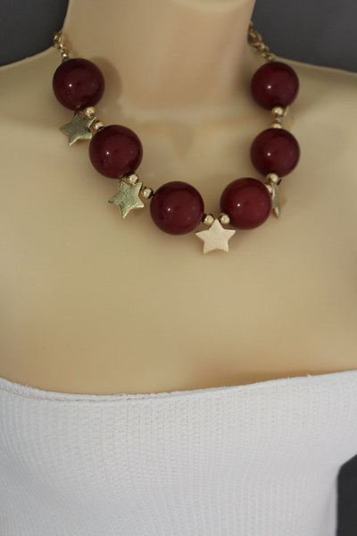 Black / Silver / Gold / Red / White Metal Stars Ball Beads Short Ivory Necklace + Earring Set New Women Fashion Jewelry - alwaystyle4you - 45