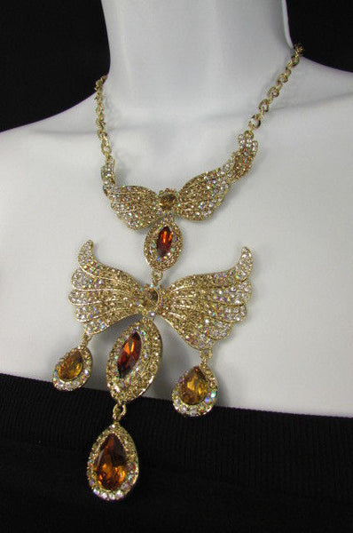 Metal Flying Wings Gold Silver Rhinestones Necklace + Earrings set New Women Fashion - alwaystyle4you - 23