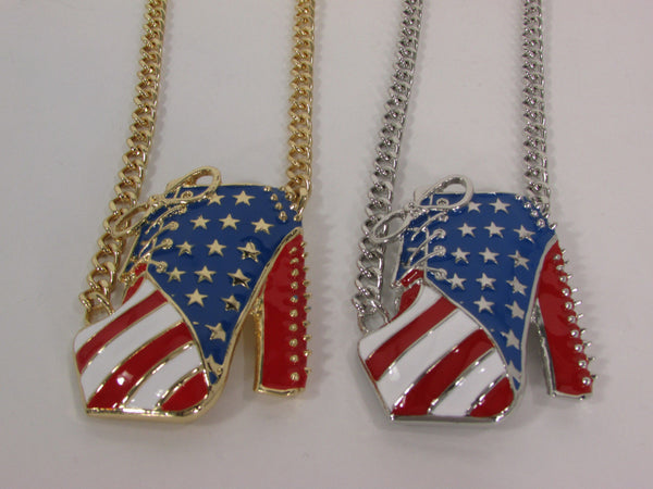 Large Metal High Heels Shoes Pendant Fashion Chains Gold / Silver Rhinestones American Flag USA Stars Necklace + Earrings Set - alwaystyle4you - 21