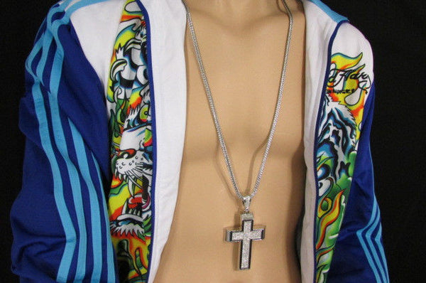 Pewter / Silver Metal Chains Long Necklace Boarded Cross Pendant New Men Hip Hop Fashion - alwaystyle4you - 23