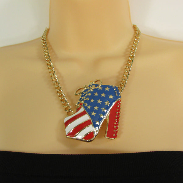 Large Metal High Heels Shoes Pendant Fashion Chains Gold / Silver Rhinestones American Flag USA Stars Necklace + Earrings Set - alwaystyle4you - 22