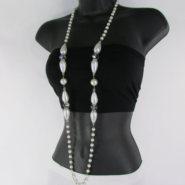 Long Imitations Pearls Necklace Small Gray Beads Beige Silver Color + Earrings Set New Women Fashion - alwaystyle4you - 19
