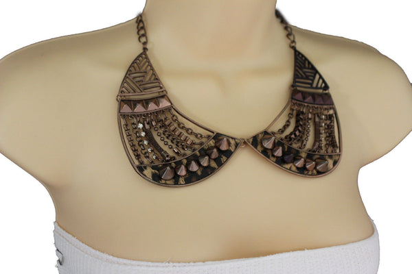 Bronze / Gold Short Bib Metal Chains Collar Spikes Necklace + Earrings Set New Women Fashion Jewelry - alwaystyle4you - 20