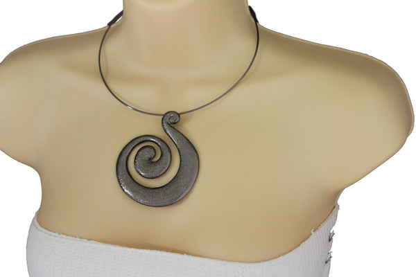 Silver / Pewter Black Choker Thin Metal Snail Spin Swirl Charm Necklace + Earrings Set New Women Fashion Jewelry - alwaystyle4you - 20
