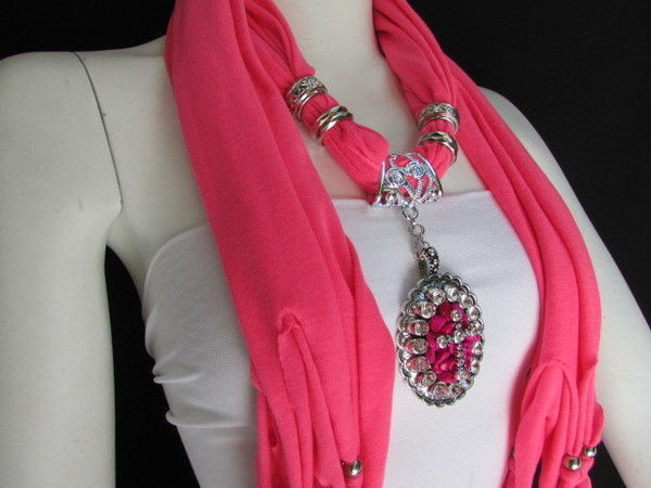 Blue Pink Beads Fabric Scarf Long Necklace Rhinestones Cross Pendant New Women Fashion - alwaystyle4you - 20