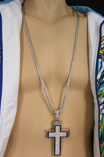 Pewter / Silver Metal Chains Long Necklace Boarded Cross Pendant New Men Hip Hop Fashion - alwaystyle4you - 25