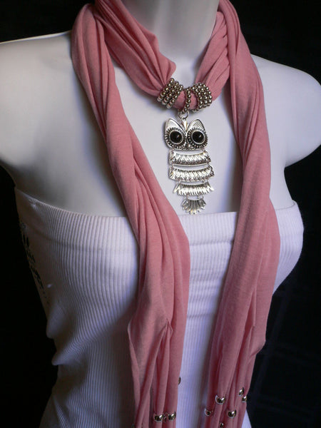 New Women Long Beige / Pnk Soft Scarf Fashion Necklace Silver Owl Pendant Rhinestones - alwaystyle4you - 25