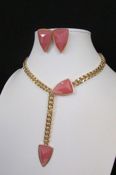 Gold Metal Chains 16" Long Big Pink Beads Necklace + Earrings Set New Women Fashion - alwaystyle4you - 10