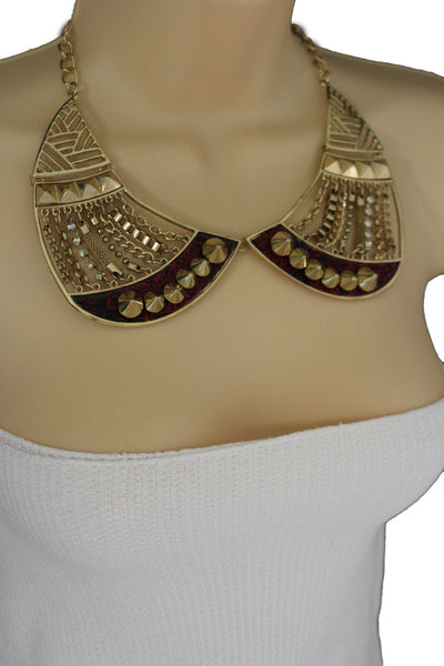 Bronze / Gold Short Bib Metal Chains Collar Spikes Necklace + Earrings Set New Women Fashion Jewelry - alwaystyle4you - 3