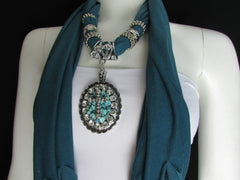 Blue Pink Beads Fabric Scarf Long Necklace Rhinestones Cross Pendant New Women Fashion - alwaystyle4you - 2